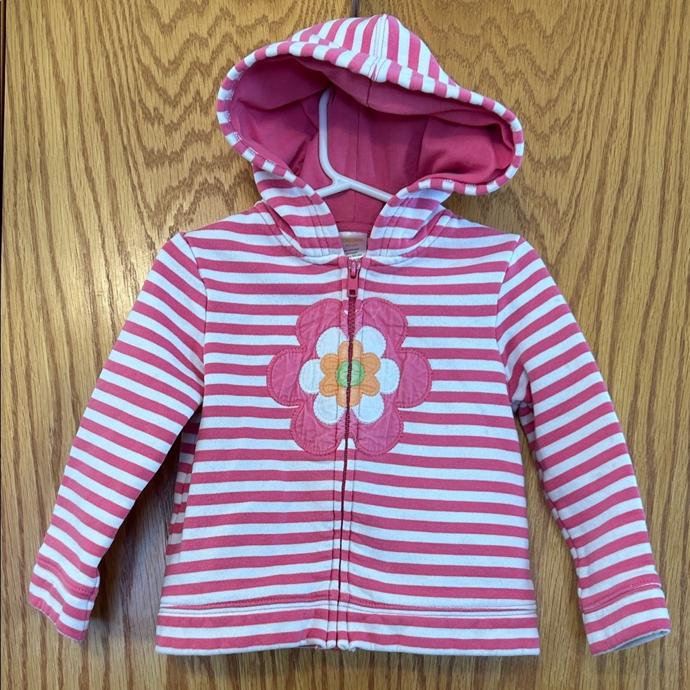 Girls' Pink Stripe Hooded Zip-Up Top with Flower Applique 2T 3T